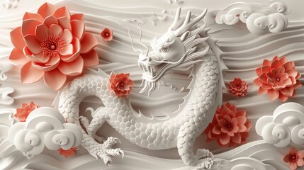 An elegant oriental illustration for covers, banners, websites, calendars, and advertisements. Year of the dragon design with Chinese coins, dragons, flowers, clouds, and patterns.