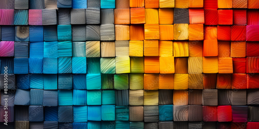 Poster vibrant rainbow spectrum pattern of textured wooden blocks in wide format