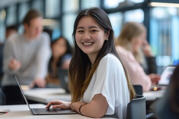 Cheerful young asian woman working on a laptop in a bustling classroom setting, her smile reflecting confidence and enthusiasm amidst her focused peers in the background