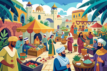 illustration of a bustling market scene in a middle-eastern setting with vendors and customers engaging around stalls of fruits and other goods, surrounded by buildings with domes and palm trees.