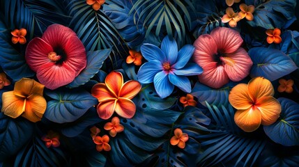 Tropical leaves background. Colorful flowers and leaves background..jpeg