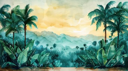 Illustration of tropical wallpaper tropical flowers, palm leaves