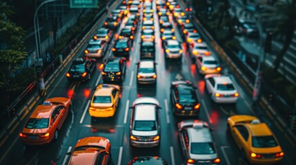 Busy city scene with cars in traffic jam, focus on vibrant tail lights and urban hustle