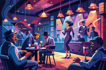 Illustration of a vibrant jazz club scene with multiple people enjoying music and drinks. A singer in a red dress performs on stage while a man in a suit listens intently at the forefront.