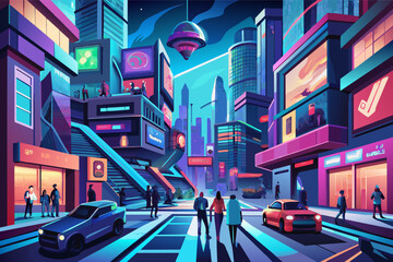 Vibrant illustration of a futuristic city street at dusk with neon signs, tall buildings, and people walking, alongside cars driving down the road.