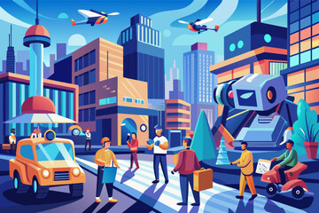 Vibrant illustration of a bustling futuristic city with autonomous cars, drones flying overhead, and pedestrians on vibrant, sunny streets lined with colorful, modern buildings.