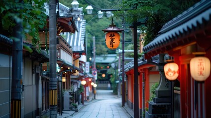 Obraz premium A serene Japanese alley adorned with traditional lanterns, offering a glimpse into cultural aesthetics at evening time