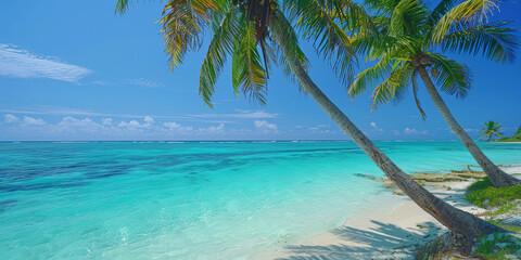 A beautiful beach with palm trees and a clear blue ocean