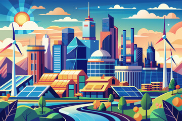 Colorful illustration of a futuristic city with renewable energy sources including wind turbines and solar panels, modern buildings, a flying car, and lush greenery under a bright sky.