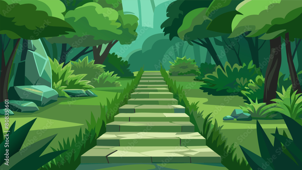 Poster lush greenery lines the stone pathways adding a sense of natural tranquility to the space.. vector i