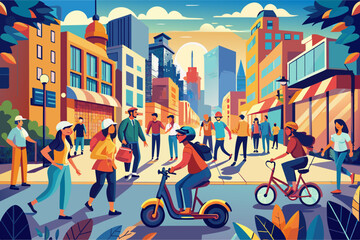 Colorful illustration of a busy city street scene with diverse people walking, talking, and using mobile devices. Some individuals are riding scooters and bikes