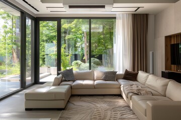 Fototapeta premium A large white sectional sofa is surrounded by a beige rug and a pair of black