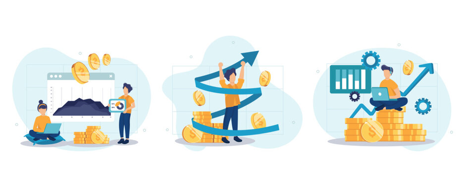 Business growth collection of scenes isolated. People analyze financial data, successful strategy, set in flat design. Vector illustration for blogging, website, mobile app, promotional materials