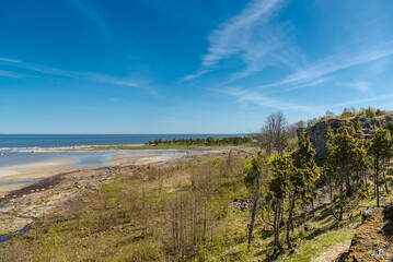 Landscape view to Baltic sea from Ugu cliff in Muhu island, Estonia on sunny spring day