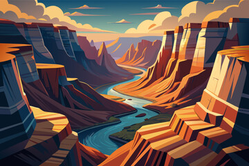 A stylized illustration of a canyon with tall red and orange cliffs, flowing river at the base, and a vibrant sky with soft clouds.