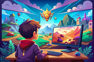 A young boy in a gaming chair is watching a vibrant computer screen displaying a fantastical landscape with dinosaurs, mountains, and futuristic structures