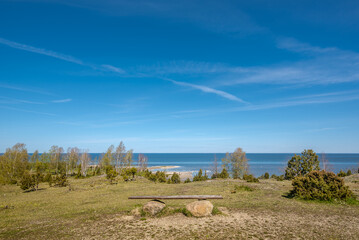 Landscape view to Baltic sea from Ugu cliff in Muhu island, Estonia on sunny spring day