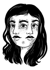 Double face girl sketch engraving PNG illustration. T-shirt apparel print design. Scratch board style imitation. Black and white hand drawn image.