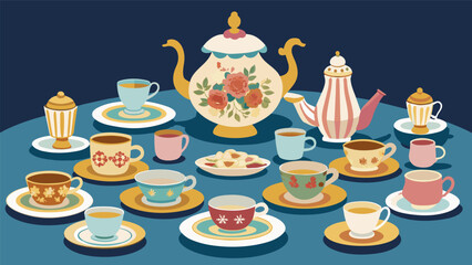 A table covered with rare handpainted china sets and giltedged tea cups spanning decades of elegant tea parties and family gatherings.. Vector illustration