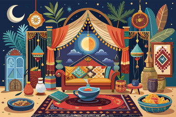 Colorful illustration of an ornate outdoor seating area with Middle Eastern design elements, featuring a plush sofa under a canopy, patterned carpets, hanging lanterns, a crescent moon in the sky