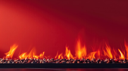 Modern indoor gas fireplace with intense flame over red background