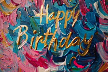 "Happy Birthday" written in oil paint on paper, vibrant colors, brush strokes, background filled with abstract painting patterns Generative AI