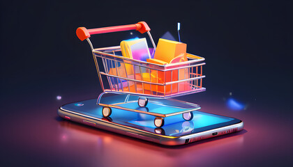 Shopping trolley cart on a mobile smartphone Online e-commerce store internet digital sale concept poly illustration