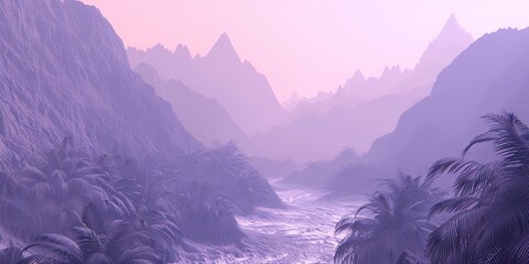 synthwave landscape scene, foggy atmosphere and river flowing between the mountains