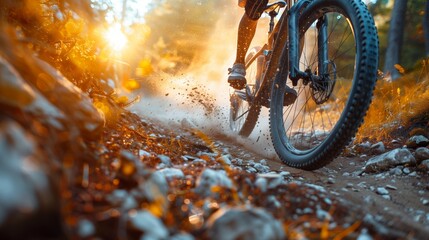 Cyclist racing down a mountain trail at sunset