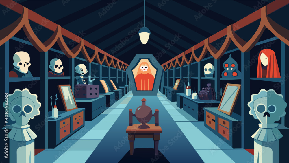 Poster a large warehouse holds rows upon rows of replica haunted objects from ancient mirrors to cursed dol