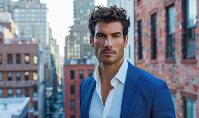 A handsome male model wearing a white dress shirt and a blue blazer. Street fotoshooting