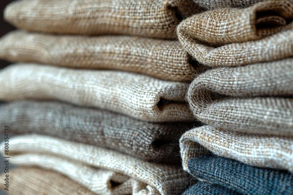 Poster a stack of different colored and patterned burlap cloths