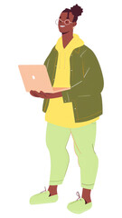 PNG Black man with laptop person electronics cardboard.