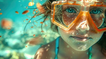 A young girl with diving equipment and a mask is exploring the underwater environment, swimming in the ocean to observe marine organisms and practice underwater diving AIG50