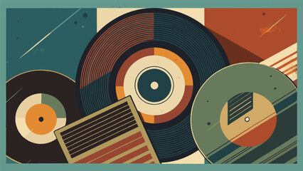 A series of record sleeves designed with a vintage aesthetic using muted colors and distressed textures to create a nostalgic feel. Vector illustration