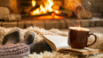 A pair of warm socks, a mug of tea, and a book on a soft, fluffy rug near a fireplace - Powered by Adobe