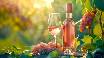 Sunlit vineyard setting with rose wine and grapes, perfect for a luxurious outdoor wine tasting experience. Captures the essence of vineyard elegance. AI