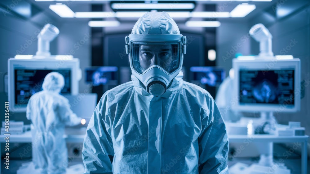 Wall mural A man in a white suit with gas mask and goggles, AI