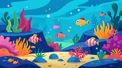 An underwater paradise with colorful coral reefs where you can swim and do aquatic exercises while surrounded by vibrant marine life.. Vector illustration