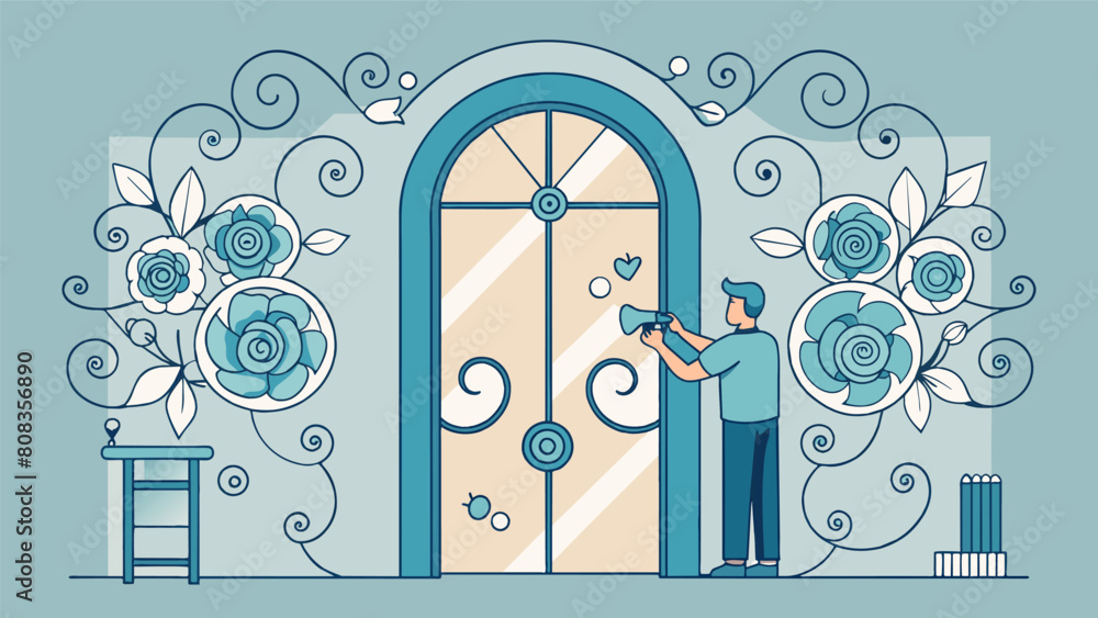 Poster Delicate rosettes and scrollwork being created and installed around the windows and doors.. Vector illustration
