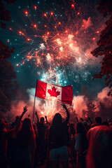 A group of people are celebrating Canada Day with fireworks and a Canadian flag