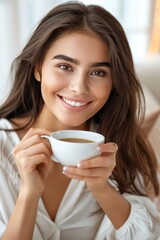 Young woman enjoying morning coffee in a caf   with space for text, fresh brew on blurred background