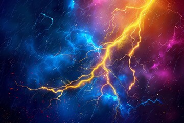 electrifying bright yellow lightning bolt striking through a dramatic neon sky abstract vector illustration