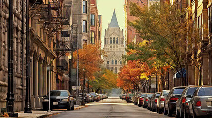 Autumn in Chicago: Golden Leaves Adorn La Salle Street, Illinois, with Historic Architecture