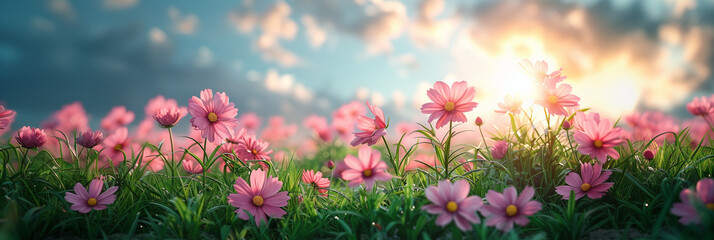 A field of pink flowers with a bright sun shining on them