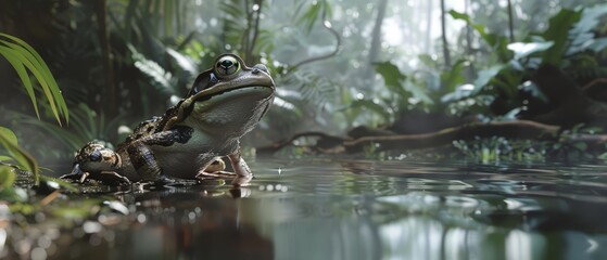 A closeup half body of charismatic amphibian, in a moisturewicking outfit, hopping along a misty riverbank in a simulated rainforest, with something on hand - obrazy, fototapety, plakaty