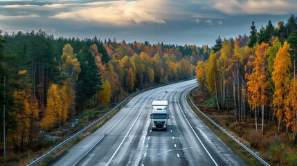 At dusk, a white truck travels along the highway through an autumnal landscape of forests.