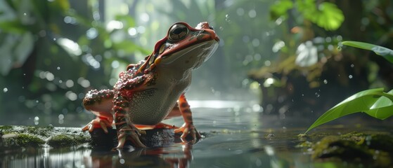 A closeup half body of charismatic amphibian, in a moisturewicking outfit, hopping along a misty riverbank in a simulated rainforest, with something on hand - obrazy, fototapety, plakaty
