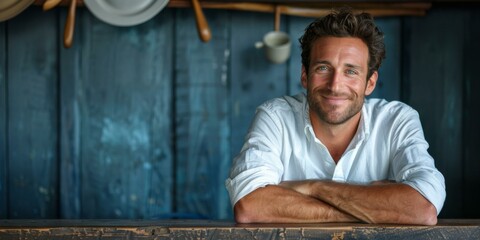 A man with a white shirt sitting at the counter of an old restaurant. Generative AI. - Powered by Adobe