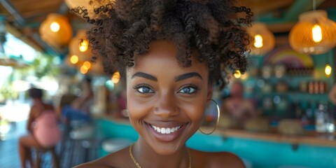 A woman with an afro smiling at the camera. Generative AI.